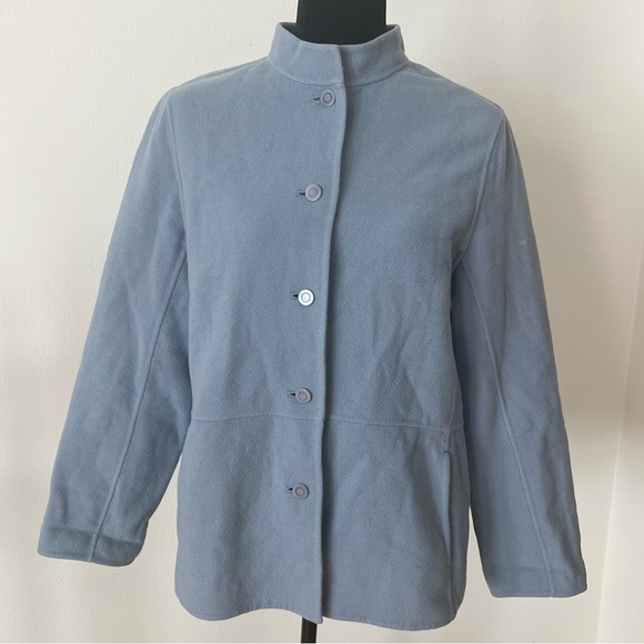 Eileen Fisher Blue Wool Cashmere Button Front Coat Jacket Mandarin Collar Sz M - Picture 1 of 11